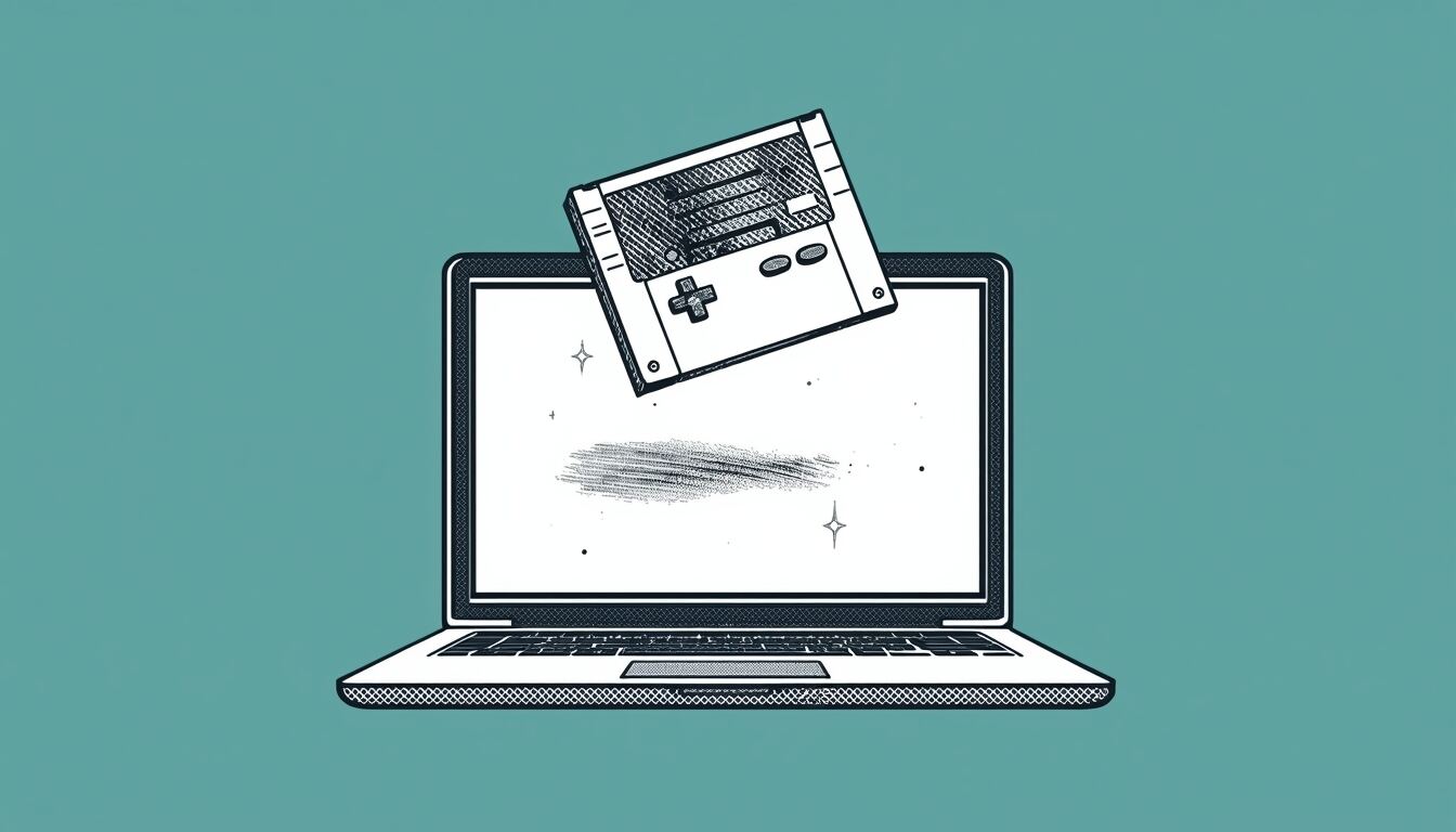 A game cartridge dropping into an open laptop, line drawing on teal.